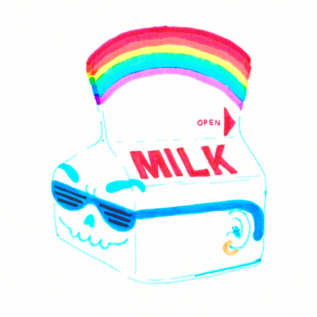 A milk carton with 2010s shutter-style sunglasses with a skull mouth and ear piercing and a rainbow mohawk styled "hair".
